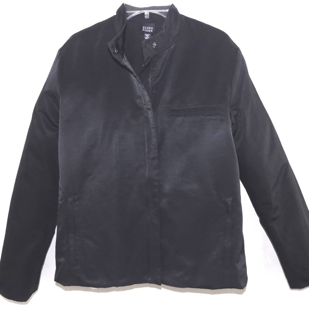 Eileen Fisher lined jacket M Black Cotton Nylon Zippers Pockets Casual Outdoor